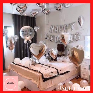 Set bóng trang trí phòng cưới màu bạc kèm bóng jumbo in tên tặng phụ kiện combo 3 chữ hỷ, Set bóng bay phòng cưới c56
