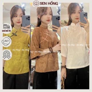 ĐỒ LAM ĐI CHÙA LỤA GẤM XINH   quần áo đi lễ đi chơi   pháp phục nữ vải lụa mềm nhẹ cổ tàu cúc chéo truyền thống B32