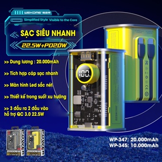 Sạc dự phòng WEKOME WP-345,347 10000mah, 20000mah kèm cáp hỗ trợ sạc nhanh lên đến 22,5W bảo hành chính hãng