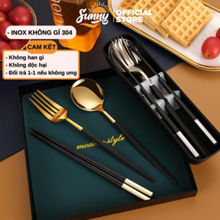 Bộ thìa đũa dĩa inox 304 mạ vàng cao cấp sang trọng kèm hộp, Dụng cụ ăn cơm văn phòng SUNNY