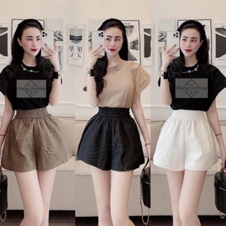 Quần short nữ ống rộng lưng cao cạp thun chun có túi in phồng hoa nổi - Quần đùi nữ mặc ở nhà đi ngủ thể thao đi biển