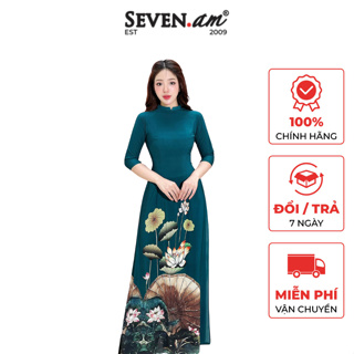 Áo dài tay lỡ xanh hoa sen trắng lá xanh cổ 2 phân Seven.AM FAD1011X