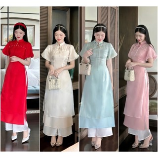 Sét Áo Dài Cách Tân Gắn Ngọc Cổ Tàu Tơ Nến 2 Tà, Áo Dài Mặc Tết Màu Trắng
