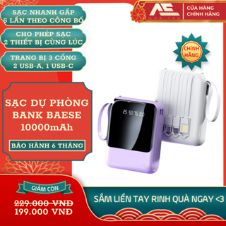 Pin/Sạc Dự Phòng Power Bank Baese Kiểu Dáng Xinh Xắn Nhỏ Gọn, Màn Hình Led Tích Hợp 3 Đầu Sạc