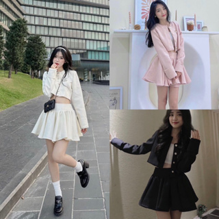 Set áo dạ dài tay croptop khuy ngọc mix chân váy ngắn xòe hàng 2 lớp 3 màu siêu xinh P 53