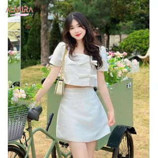 Sét Váy Tafta Gồm Áo Lệch Nơ + Chân Váy Có Quần Trong