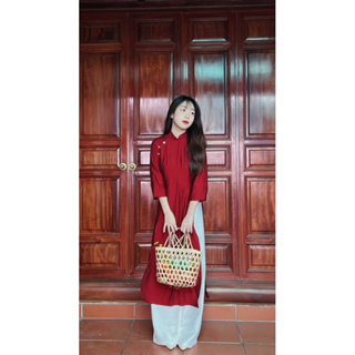 Áo Dài Cách Tân Tơ Đũi Cổ 4 Phân Đính Ngọc Xinh Xắn - Uri Boutique