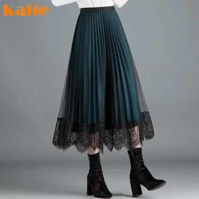 Váy bán thân cỡ lỡn cho phụ nữ mùa xuân và mùa hè mới cao eo ren váy xếp ly, chiều dài trung bình mỏng váy lưới