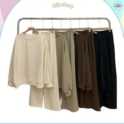 Bộ dài nữ cổ tròn phối quần ống xuông ,chất vải nỉ tăm Set đồ nữ thu đông quần áo dài tay trẻ trung - G5 shop
