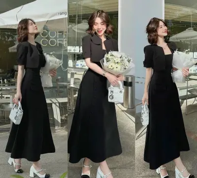 sét váy hai dây dáng dài kèm áo khoác ngắn tay sang chảnh dễ thương phù hợp đi chơi đi tiệc