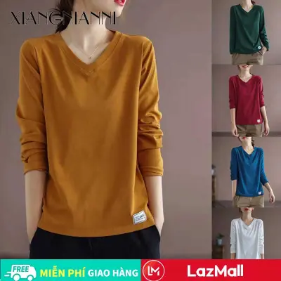 XIANG NIAN NI Áo Thun Áo Nữ Dài Tay Cổ Chữ V Đơn Giản Phiên Bản Hàn Quốc Áo Thun Cỡ Lớn Dáng Rộng Cho Mẹ