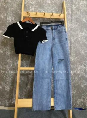 Set baggy jeans ông suông rách L + crop petter phối viền