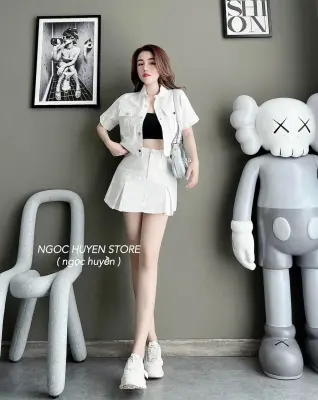 Set váy nữ chân váy chữ A kèm áo kaki croptop tay ngắn có áo ống lót trong