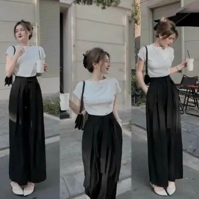 Sét Quần Dài Xếp Ly Cotton Lạnh Phối Áo Thun Gân Tay Ngắn LONG Mart Màu Sắc Nhã Nhặn Thật Sự Phù Hợp Để Tới Công Sở, Đi Làm Hoặc Đi Chơi,Free Size Dưới 55kg,Phù Hợp Mọi Với Mọi Phong Cách.