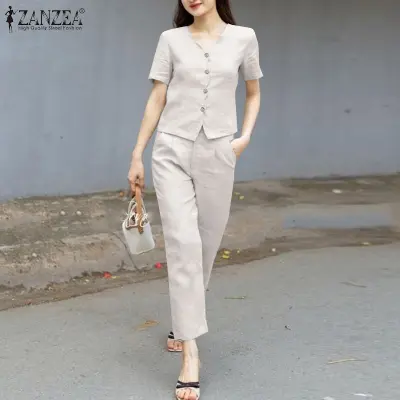 Momonaco ZANZEA Bộ đồ nữ áo sơ mi nút lên cổ chữ V dáng rộng cổ điển dây kéo phía trước Bộ đồ quần rộng 15