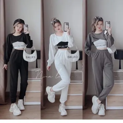 Set thun 3 món thể thao cá tính set áo thun áo croptop mix áo ống quần thun dài bo chân set nữ hottrend đồ bộ đồ thun phong cách đường phố
