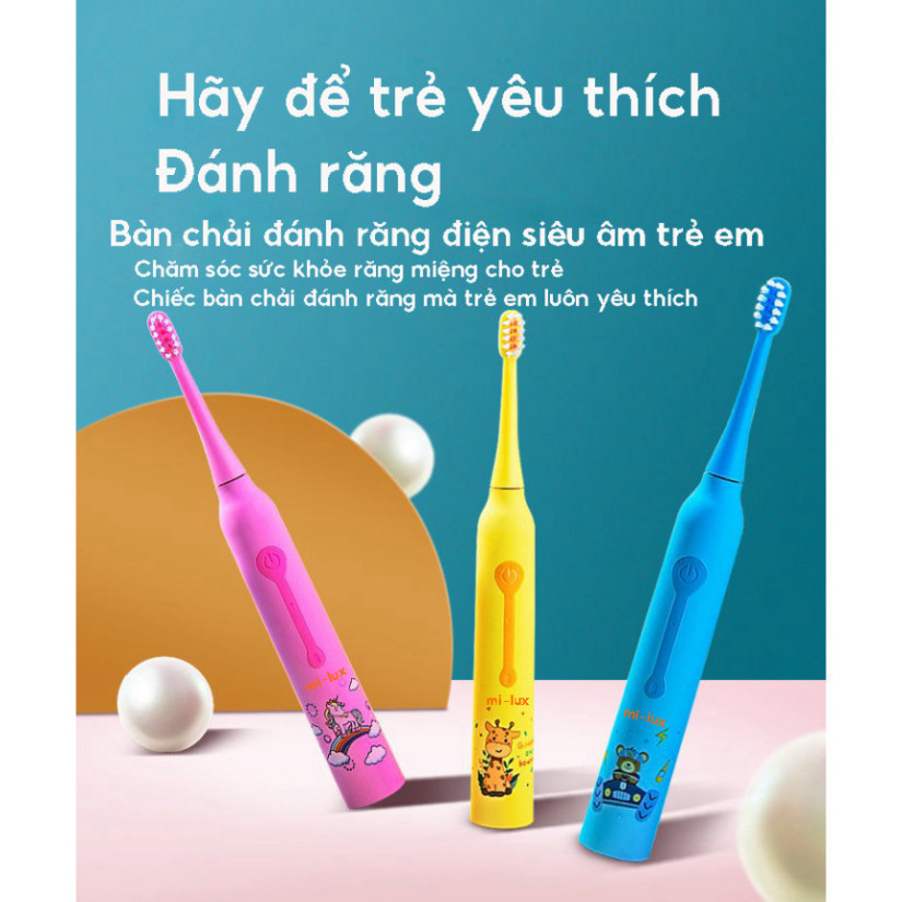 Bàn chải điện trẻ con sóng siêu âm cho bé từ 2 tuổi Mi-lux Oral-B1, chống giột nước IPX7, nhiều quy trình thông minh,