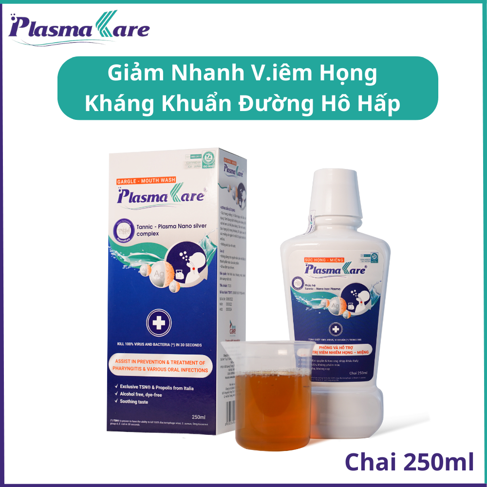 Nước súc họng nano bạc PLASMAKARE hỗ trợ giảm nhanh viêm họng, viêm amidan, các triệu chứng loét, ho, đờm, chai 250ml