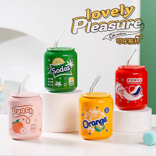 Cốc gốm sứ hình lon nước kèm nắp và ống hút thủy tinh dung tích 420ml
