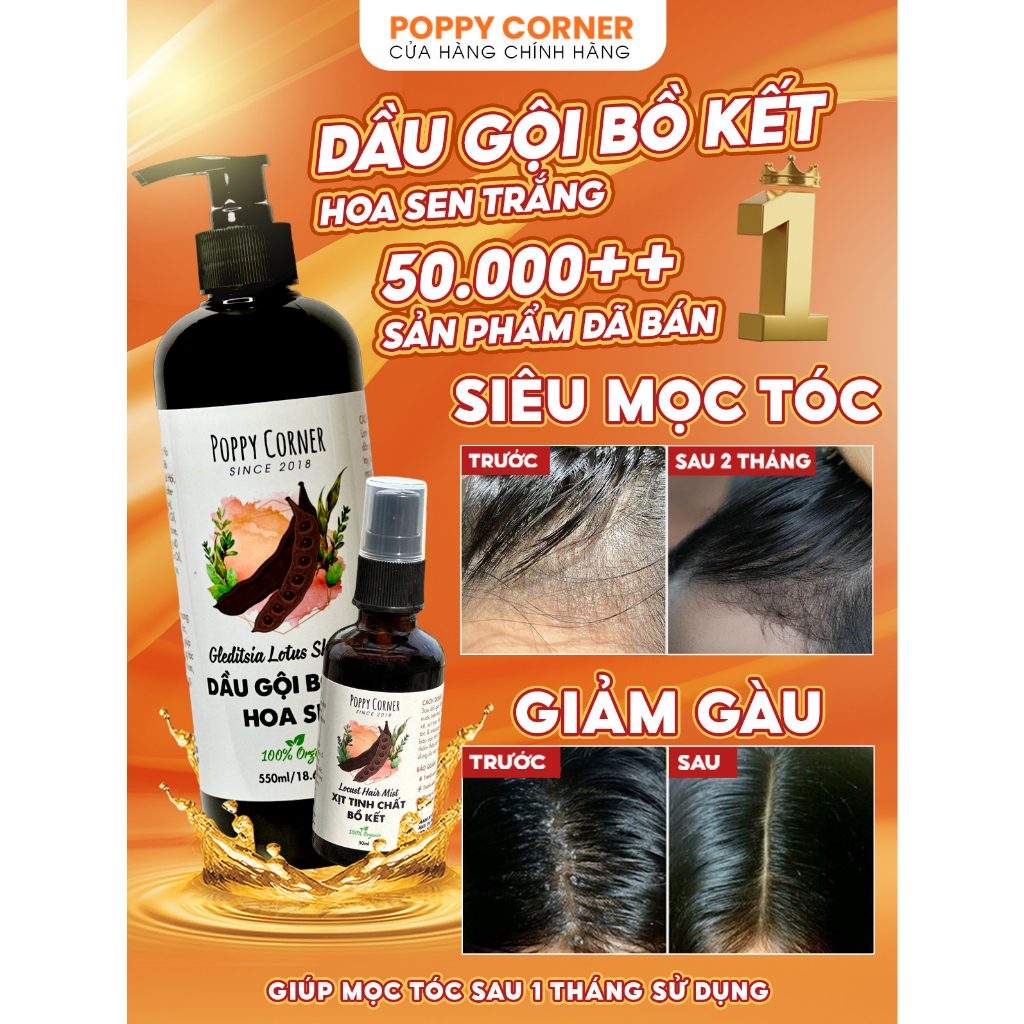 Dầu gội giảm gàu Bồ Kết Hoa Sen thảo mộc COMBO cô đặc chống rụng thảo dược thiên nhiên mọc tóc nhanh dài POPPY CORNER