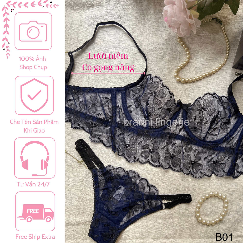 B01 Bộ Đồ Lót Nữ Sexy Ren Màu Xanh Đen Gồm Áo Có Gọng Và Quần Lót Lọt Khe Gợi Cảm