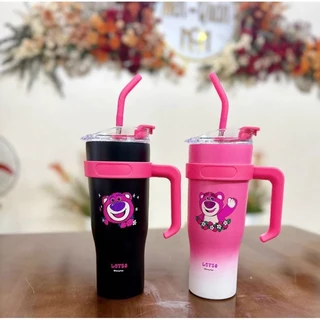 Cốc Giữ Nhiệt Gấu Dâu Dung Tích 1200ml, Ly Giữ Nhiệt Blackpink Inox 304 Có Tay Cầm và Ống Hút
