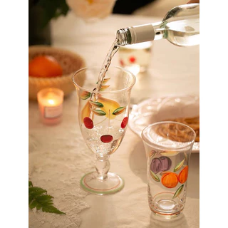 Ly & cốc thuỷ tinh vẽ tay thủ công hoạ tiết trái cây vintage trung cổ dung tích lớn