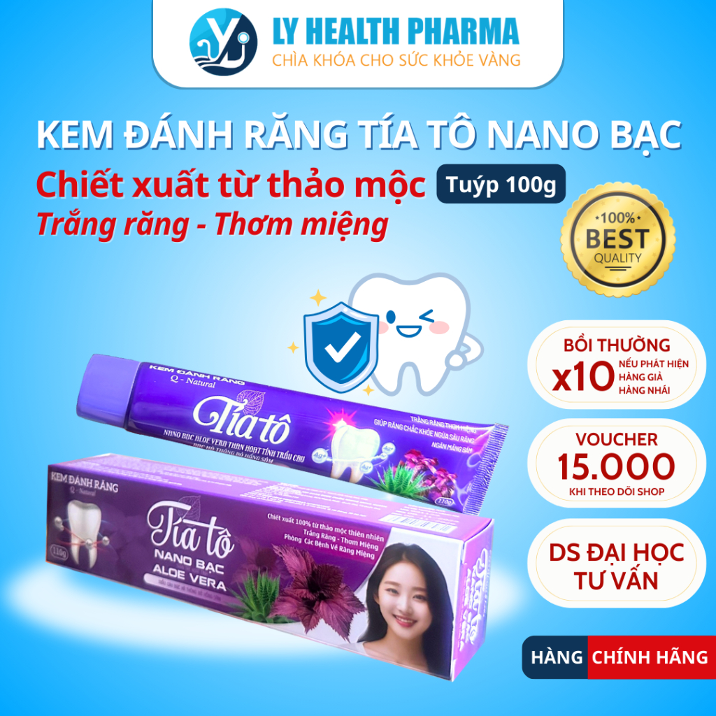 Kem đánh răng thảo mộc Tía tô làm trắng răng, thơm miệng, giảm ố vàng với tinh chất lô hội Nano bạc - tuýp 100g