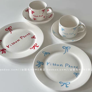 Set tách trà và đĩa gốm sứ hoạ tiết ribbon phong cách ins Hàn Quốc  Ribbons Plate & Tea Cup