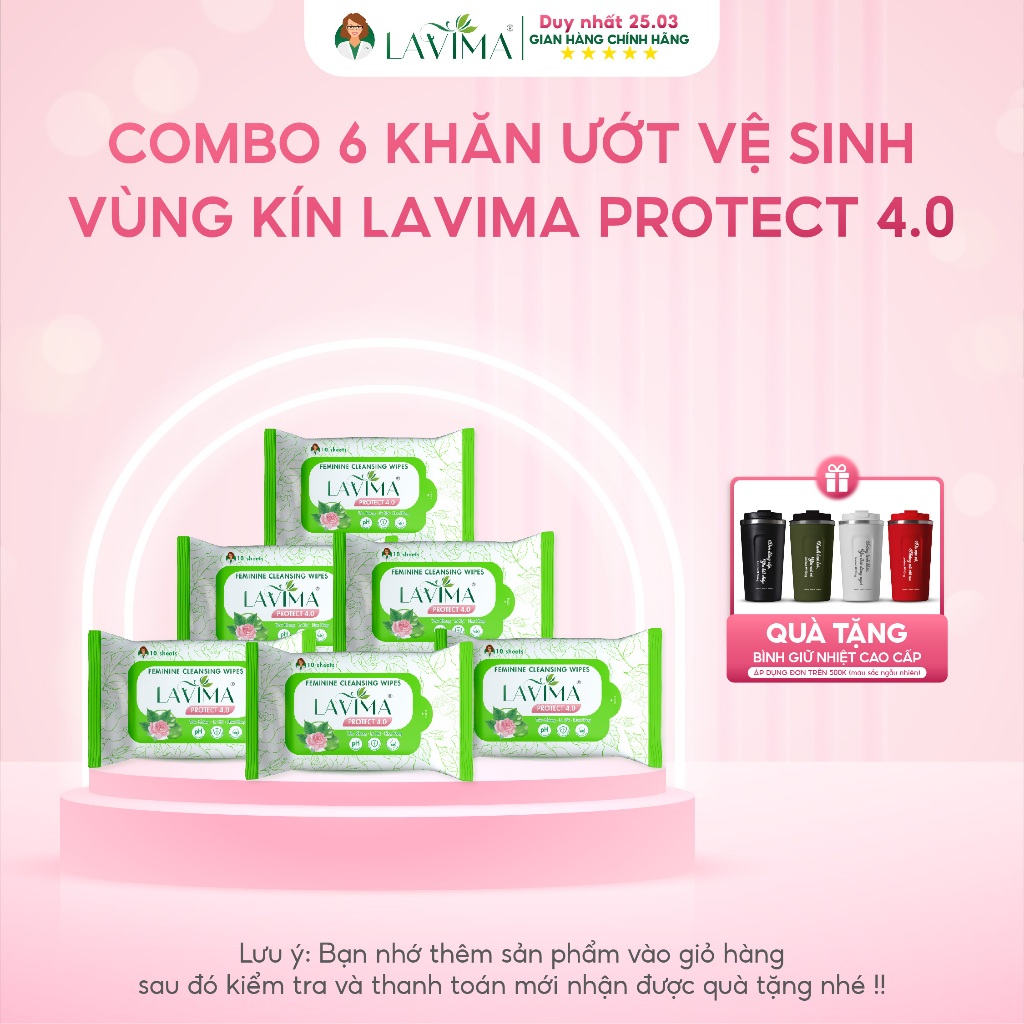 Combo 6 gói Khăn ướt vệ sinh vùng kín LAVIMA Protect 4.0 gói 10 khăn giúp vùng kín luôn sạch sẽ, khô thoáng