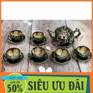 BỘ ẤM TRÀ BÁT TRÀNG MEN XANH BẠC ĐỒNG - ẤM DÁNG GỐC CÂY 400ML - HOA NỞ LÒNG CHÉN