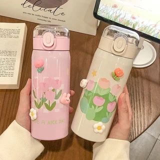 Cốc hút chân không dễ thương 304 Thép không gỉ Học sinh nữ Cốc nước uống cầm tay có ống hút Subnet màu đỏ
