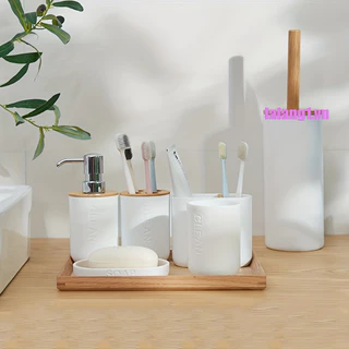 1 Dụng cụ vệ sinh phòng tắm bằng nhựa, Hộp đựng kem dưỡng da bằng nhựa, Hộp đựng bàn chải đánh răng, Cốc nước súc miệng, Bàn chải vệ sinh, Đĩa xà phòng, Phụ kiện phòng tắm