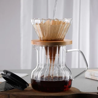 Bình Pha Cà Phê Borosilicate 1000ML Thủy Tinh Chịu Nhiệt Cao Vân Sọc, Phễu Đế Tròn bằng Gỗ, Nắp Đậy màu Đen Tấm Lọc Trà