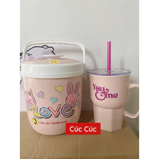 Combo bình đá 1Lít + ly nhựa có nắp tặng kèm ống hút Tân Lập Thành