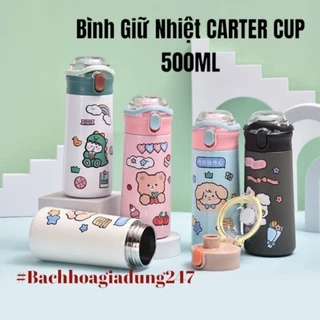 Binh Inox Giư Nhiêt Nong - Lanh Nắp Bật 500ml. Co Quai Xách. Ống Hút Kèm Sticker Dán Cute