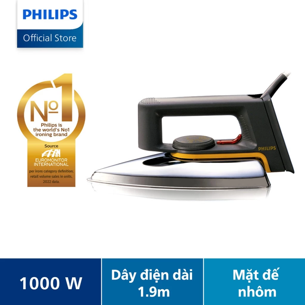 Bàn Ủi Khô Philips HD1172/01 1000W Mặt Nhôm Phẳng Lì Dây 1.9m Rãnh Cúc Thông Minh