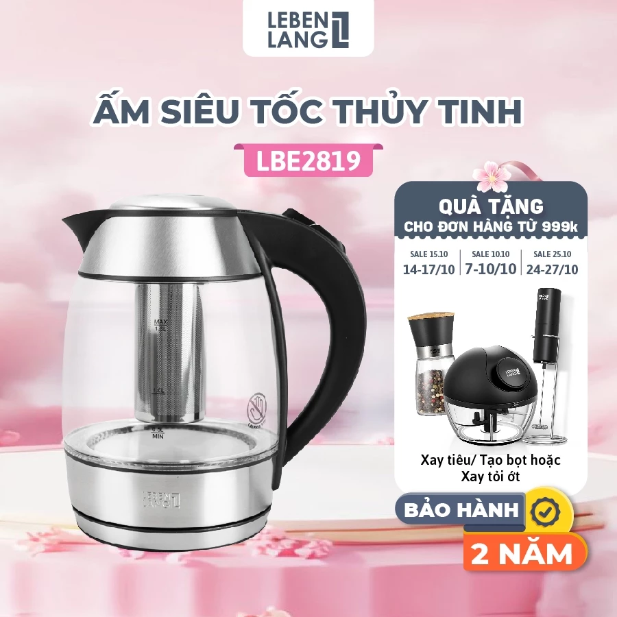 Ấm Siêu Tốc Thủy Tinh Lebenlang 1.8L LBE2819 Chính Hãng Đức Lọc Trà Inox Tháo Rời