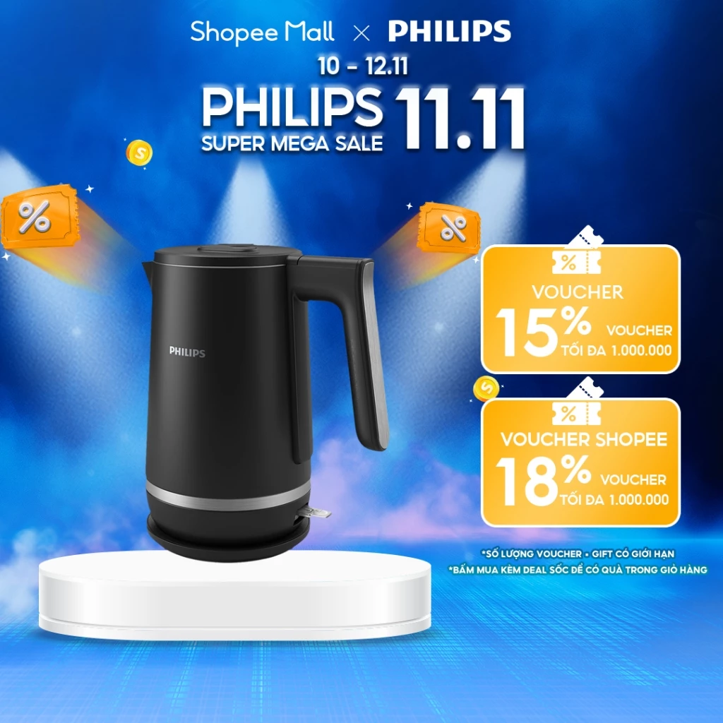 Bình Đun Siêu Tốc Philips HD9395/90 1.7L 2200W Đun Sôi Nhanh Cách Nhiệt An Toàn Giữ Nóng Lâu