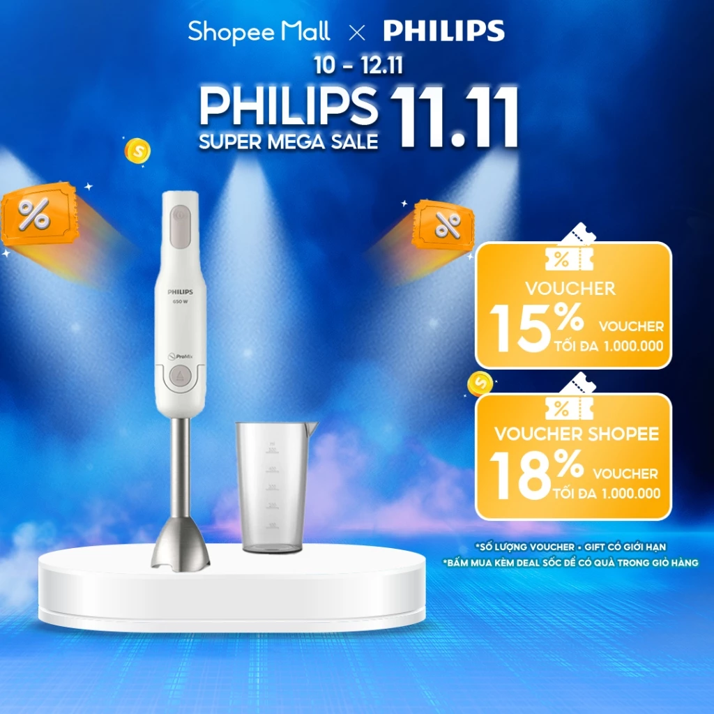 Máy Xay Cầm Tay Philips HR2534 650W ProMix Thanh Kim Loại Xay Mịn Nhanh Không Văng Thức Ăn
