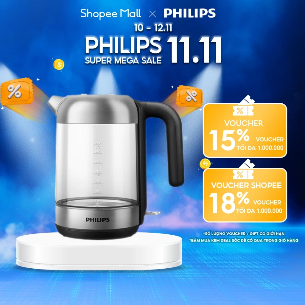 Bình Đun Siêu Tốc Thủy Tinh Philips 1.7L HD9339/80 Đun Sôi Cực Nhanh An Toàn