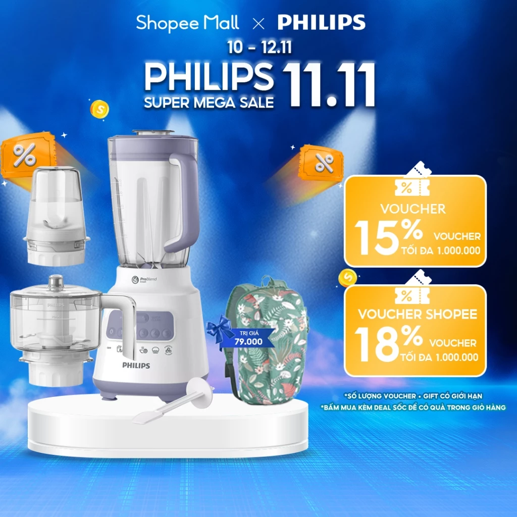 Máy Xay Sinh Tố Philips HR2223/00 700W Full Phụ Kiện Cối Nhựa 2L Xay Mịn Đá 5 Tốc Độ