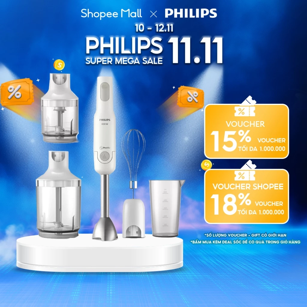 Máy Xay Cầm Tay Philips HR2537/00 650W Xay Nhuyễn Sinh Tố Thịt Cá Phụ Kiện Đầy Đủ