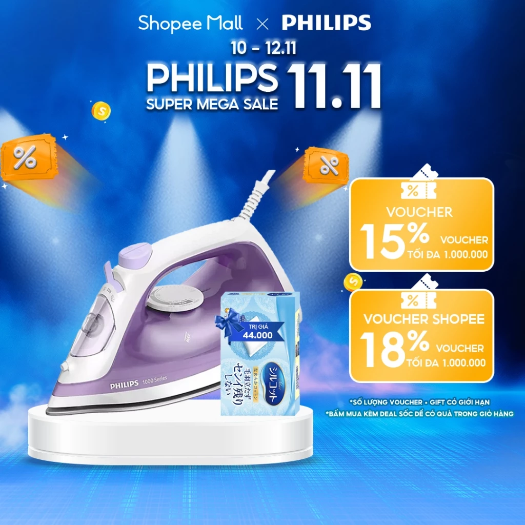 Bàn Ủi Hơi Nước Philips DST1040/30 2000W Đế Chống Dính Phun 90g Hơi Diệt 99,99% Vi Khuẩn
