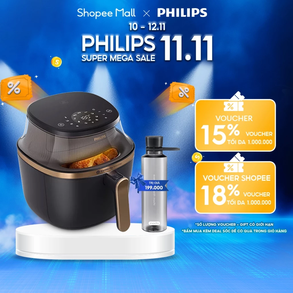 Nồi Chiên Không Dầu Philips NA332/00 6.2L Nướng Gà Nguyên Con 1.5kg Rapid Air Plus Cửa Sổ Trong Suốt