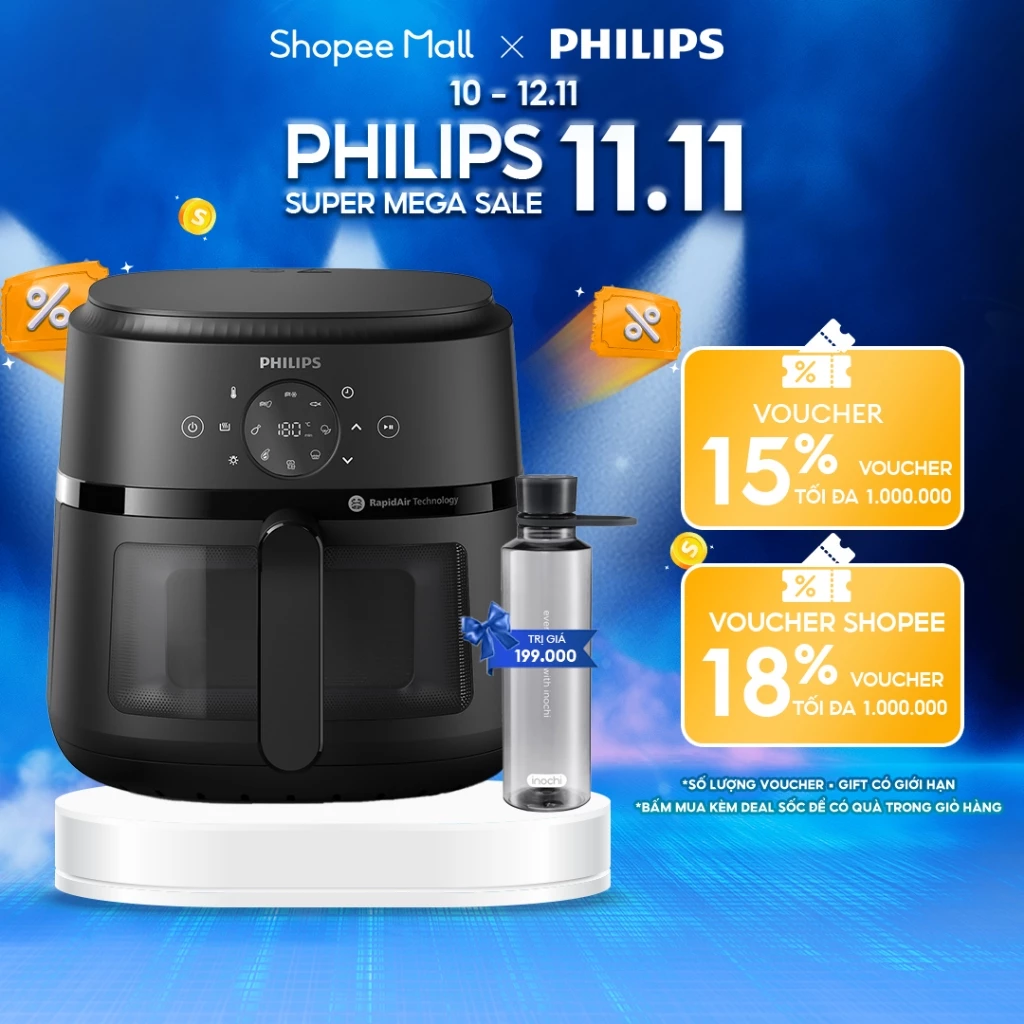 Nồi Chiên Không Dầu Philips NA230/00 6.2L 1700W 13 Chế Độ Cửa Sổ Kính Giòn Ngon Ít Dầu