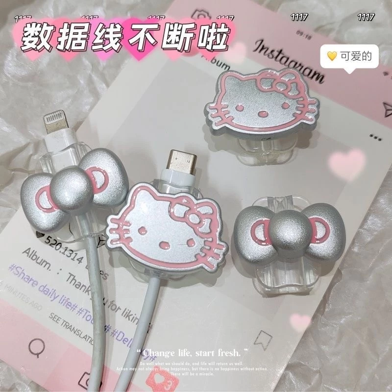 Bộ Bảo Vệ Cáp Hello Kitty Nơ Bạc Hồng Chống Đứt Gãy Cho iPhone Android
