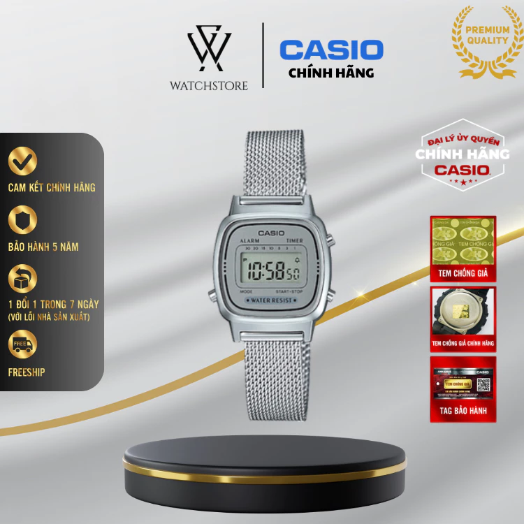 Casio LA670WEM-7DF Nữ - Đồng Hồ Điện Tử Vintage Dây Kim Loại, Bảo Hành 5 Năm