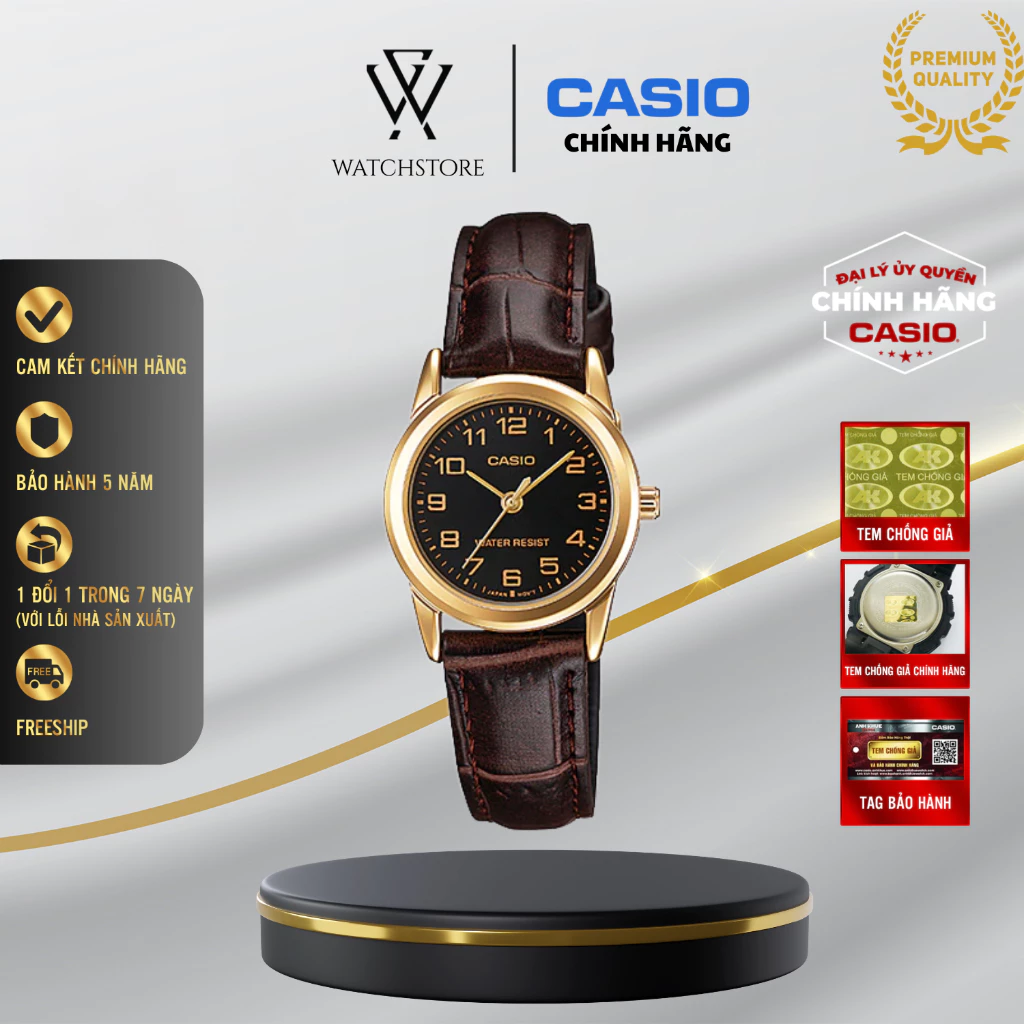 Đồng Hồ Casio Nữ Dây Da Mặt Đen Kim Vàng 25mm Sang Trọng, Chính Hãng