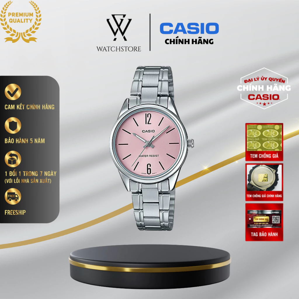Đồng Hồ Casio Nữ Dây Da Mặt Hồng 28.2mm Dạ Quang Chống Nước 3ATM